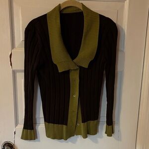 Olive Trim Brown  Ribbed Button-Up Women's Sweater
